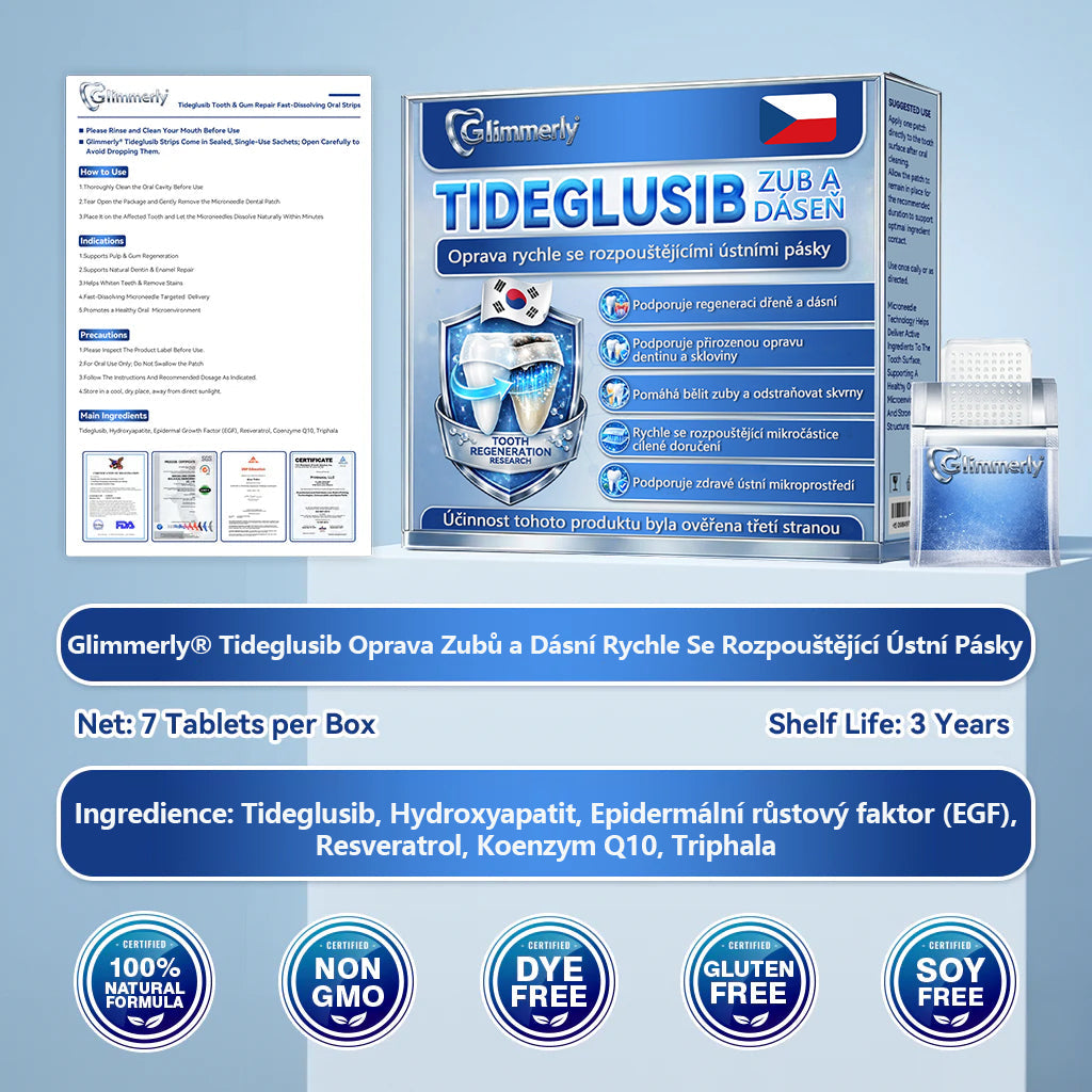 Glimmerly® Tideglusib – rychle se rozpouštějící ústní proužky pro regeneraci zubů a dásní