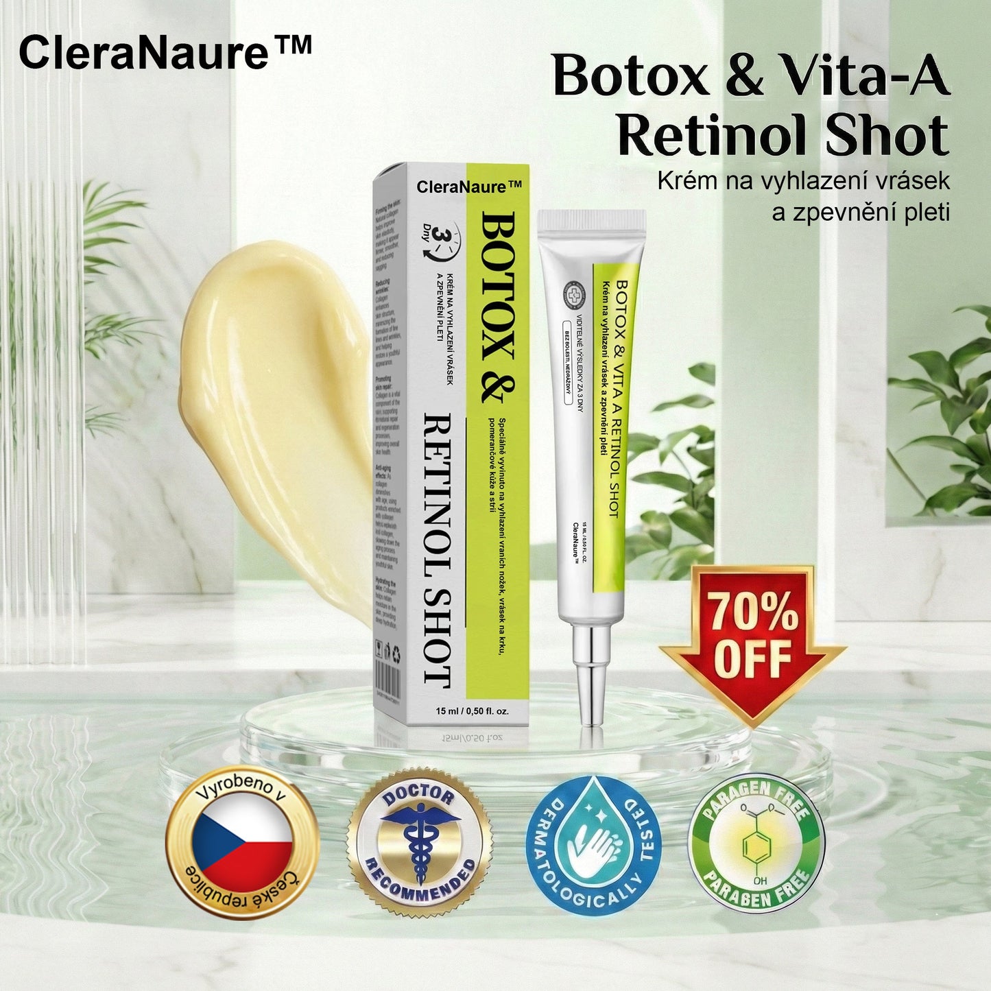 CleraNaure® Retinol Shot – Anti-aging sérum s botox-like peptidy | EU & CZ dermatologicky testováno